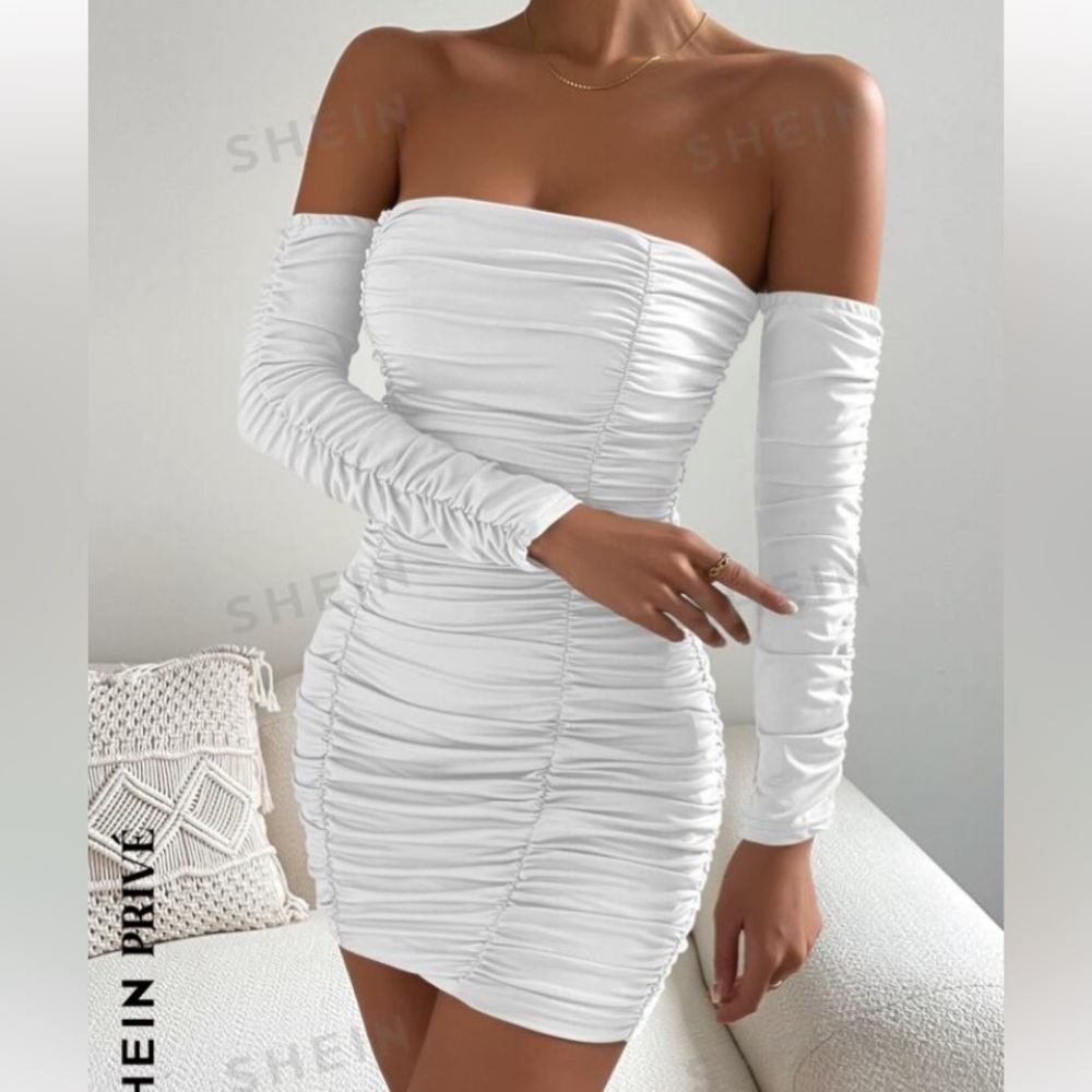 SHEIN Privé Off Shoulder Ruched Bodycon Dress White Size M